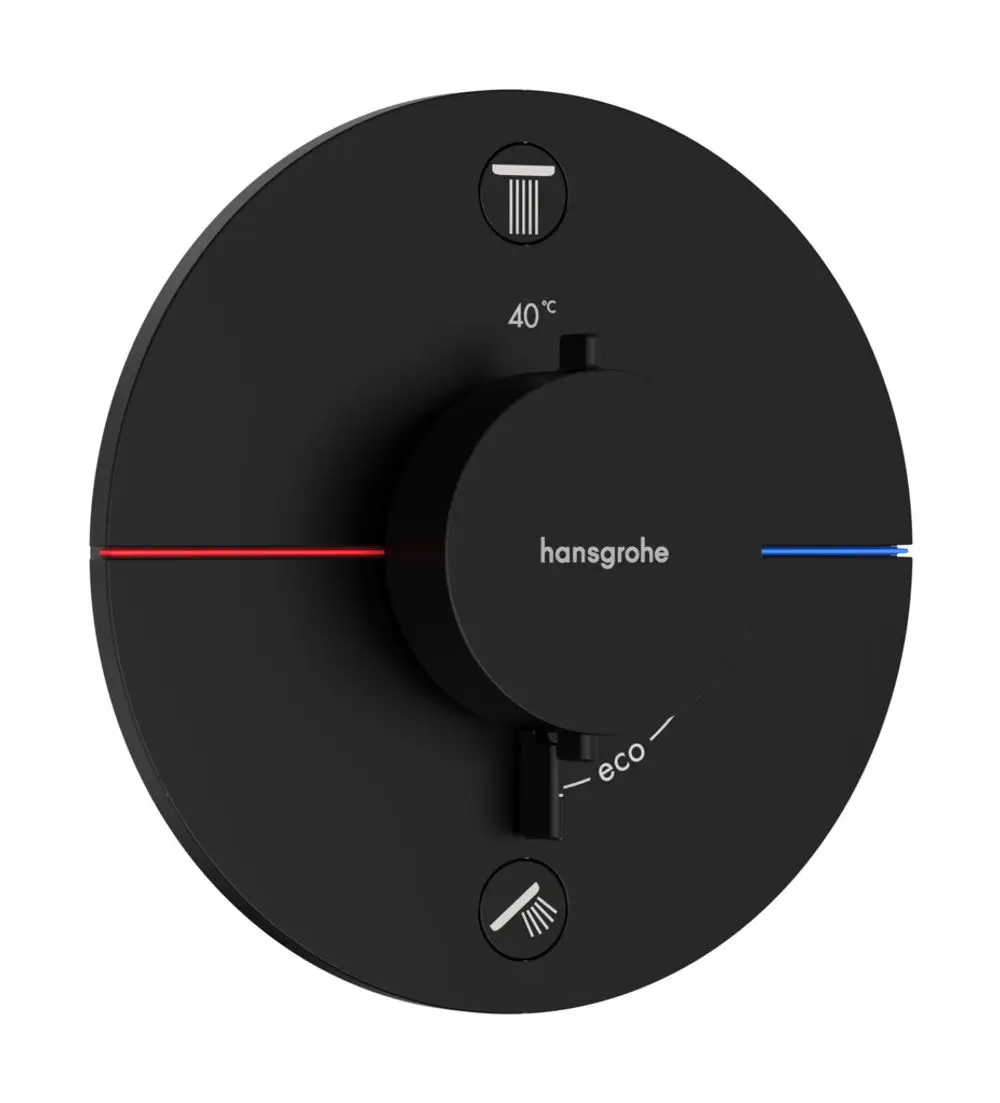 Thermostat von Hansgrohe in mattschwarz für die Wandmontage. Drehknopf zur Temperatureinstellung und Wasserquellenwahl, mit Symbolen für Eco-Modus und Temperaturmarkierung.